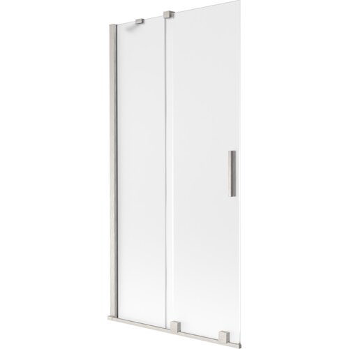 Dwuskrzydłowy, rozsuwany parawan nawannowy o wymiarach 95 x 150 cm, wykonany z mrożonego szkła i szczotkowanego niklu, z prostokątnym uchwytem. Produkt ma minimalistyczny design z metalowymi elementami montażowymi.