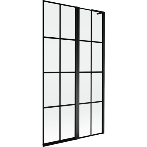 Dwuskrzydłowy parawan nawannowy z czarną kratką, wykonany ze szkła, z czarnymi ramami. Produkt ma prostokątny kształt i nowoczesny design.