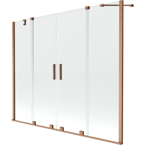 Przesłane zdjęcie przedstawia dwuskrzydłowy, rozsuwany parawan nawannowy o wymiarach 180 x 150 cm, wykonany z przezroczystego szkła z elementami w kolorze szczotkowanej miedzi. Produkt posiada prostokątne uchwyty i metalowe mocowania.
