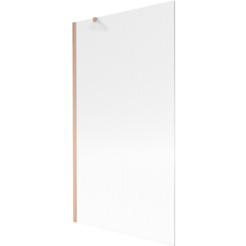 Przesłane zdjęcie przedstawia jednoskrzydłowy parawan nawannowy o wymiarach 100 x 150 cm z prążkowaną powierzchnią i wykończeniem w kolorze miedzi szczotkowanej. Produkt ma prostokątny kształt i widoczne są pionowe linie na jego powierzchni.