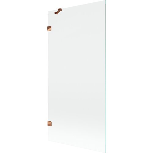 Przezroczysty parawan nawannowy z jednym skrzydłem, o wymiarach 90 x 150 cm, z elementami w kolorze różowego złota. Produkt ma prosty, nowoczesny design z widocznymi metalowymi mocowaniami.