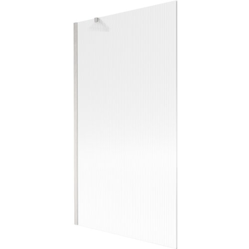 Przedstawiony jest parawan nawannowy o wymiarach 100 x 150 cm z prążkowaną powierzchnią i wykończeniem w kolorze niklu szczotkowanego. Produkt ma prostą, elegancką konstrukcję z widocznym mocowaniem u góry.