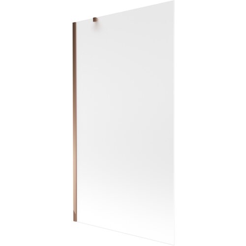 Przesłane zdjęcie przedstawia jednoskrzydłowy parawan nawannowy o wymiarach 100 x 150 cm, wykonany z mrożonego szkła z elementami w kolorze różowego złota. Produkt ma prostą, elegancką konstrukcję z widocznymi metalowymi elementami mocującymi.