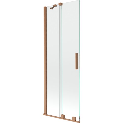 Dwuskrzydłowy, rozsuwany parawan nawannowy o wymiarach 75 x 150 cm, wykonany z przezroczystego szkła z elementami w kolorze miedzi szczotkowanej. Produkt posiada prostokątny uchwyt oraz mocowania w tym samym kolorze.