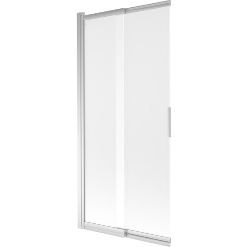 Dwuskrzydłowy, przesuwny parawan nawannowy o wymiarach 85 x 150 cm, wykonany z mrożonego szkła i chromowanych elementów. Produkt ma prosty, nowoczesny design z widocznym uchwytem na jednym ze skrzydeł.
