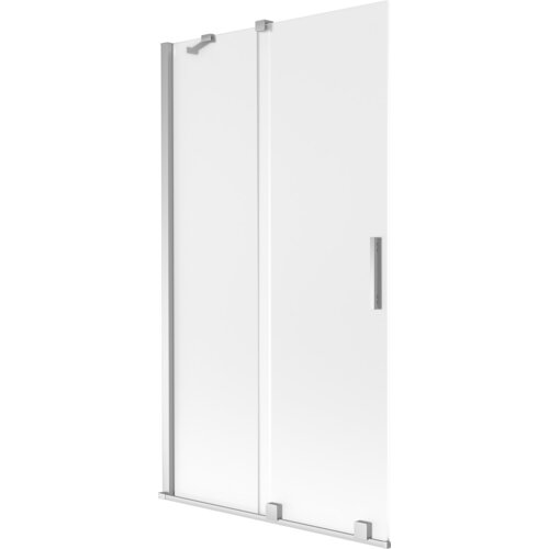 Dwuskrzydłowy, rozsuwany parawan nawannowy o wymiarach 100 x 150 cm, wykonany z matowego szkła z chromowanymi elementami. Produkt ma prostokątny uchwyt i metalowe mocowania na górze i dole.