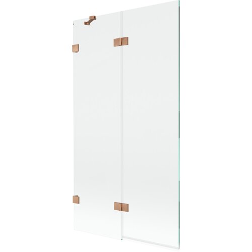 Dwuskrzydłowy parawan nawannowy wykonany z przezroczystego szkła, z miedzianymi, szczotkowanymi zawiasami i uchwytami. Produkt ma minimalistyczny design i jest przeznaczony do montażu na wannie.