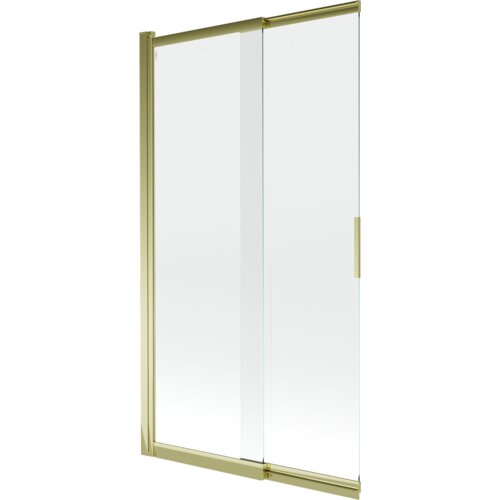 Dwuskrzydłowy, przesuwny parawan nawannowy o wymiarach 100 x 150 cm, wykonany z transparentnego szkła z złotymi elementami konstrukcyjnymi. Produkt ma prosty, nowoczesny design z widocznym uchwytem na jednym ze skrzydeł.
