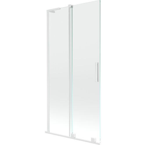 Przezroczysty, dwuskrzydłowy parawan nawannowy z białymi ramami i prostokątnym uchwytem. Produkt ma minimalistyczny design i jest wykonany z przezroczystego szkła.