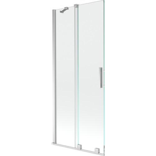 Dwuskrzydłowy, rozsuwany parawan nawannowy o wymiarach 80 x 150 cm, wykonany z przezroczystego szkła z chromowanymi elementami. Produkt ma prosty, nowoczesny design z metalowym uchwytem.