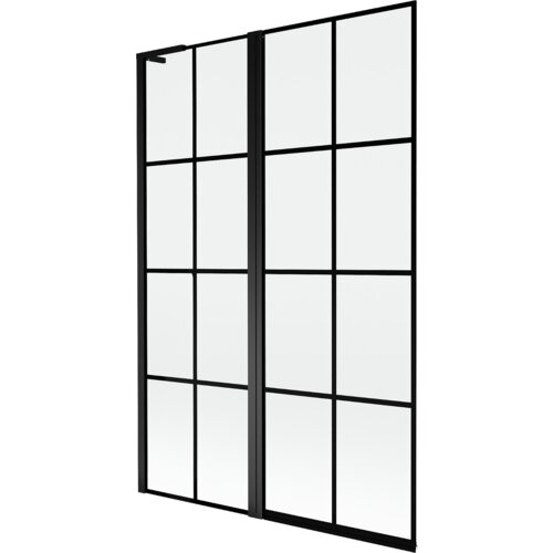 Dwuskrzydłowy parawan nawannowy z czarną kratką, wykonany ze szkła, o wymiarach 120 x 150 cm. Konstrukcja ma czarne ramy i prostokątne panele.