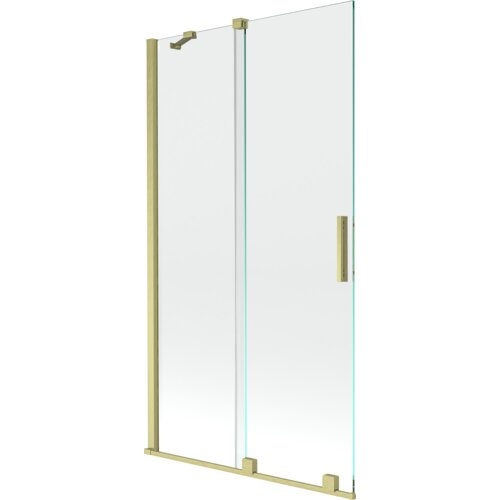 Dwuskrzydłowy, rozsuwany parawan nawannowy o wymiarach 100 x 150 cm, wykonany z transparentnego szkła z elementami w kolorze złotym szczotkowanym. Produkt ma prostą konstrukcję z pionowym uchwytem i metalowymi mocowaniami.