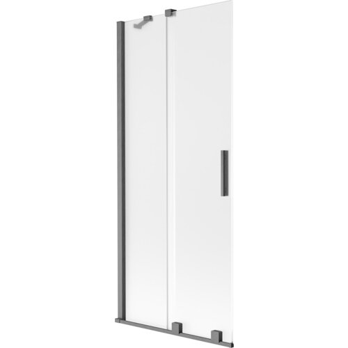 Dwuskrzydłowy, rozsuwany parawan nawannowy o wymiarach 80 x 150 cm, wykonany z matowego szkła z szarymi, szczotkowanymi elementami. Produkt ma prostokątny uchwyt i kilka mocowań w tym samym kolorze.