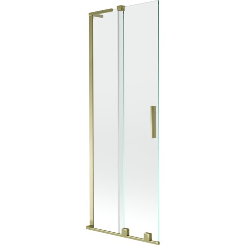 Dwuskrzydłowy, rozsuwany parawan nawannowy o wymiarach 75 x 150 cm, wykonany z transparentnego szkła z złotymi elementami konstrukcyjnymi i uchwytem. Produkt ma elegancki, nowoczesny design.