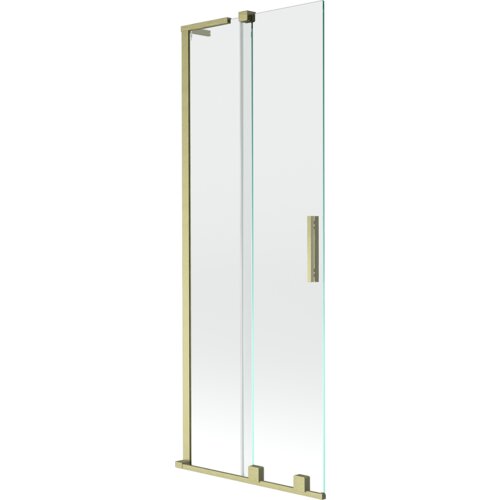 Dwuskrzydłowy, rozsuwany parawan nawannowy o wymiarach 70 x 150 cm, wykonany z przezroczystego szkła, z elementami w kolorze złotym szczotkowanym. Produkt ma prostokątną formę z metalowymi uchwytami i ramą.