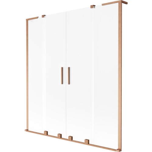 Dwuskrzydłowy parawan nawannowy o wymiarach 140 x 150 cm, wykonany z przezroczystego szkła z miedzianymi, szczotkowanymi ramami i uchwytami. Produkt ma minimalistyczny design z prostymi liniami i eleganckim wykończeniem.