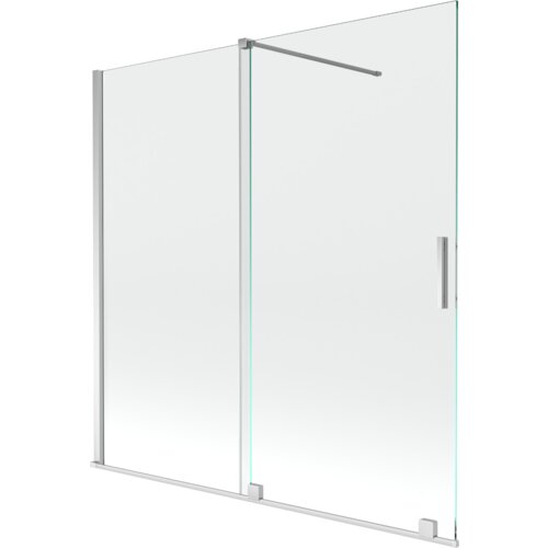 Przeźroczysty, dwuskrzydłowy parawan nawannowy z chromowanymi elementami, o wymiarach 160 x 150 cm. Produkt posiada prostokątną, metalową rączkę oraz metalowe profile mocujące.