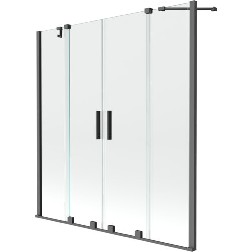 Przesłane zdjęcie przedstawia dwuskrzydłowy, rozsuwany parawan nawannowy o wymiarach 140 x 150 cm, wykonany z przezroczystego szkła i wykończony w kolorze gun metal. Parawan posiada czarne uchwyty oraz metalowe elementy mocujące.