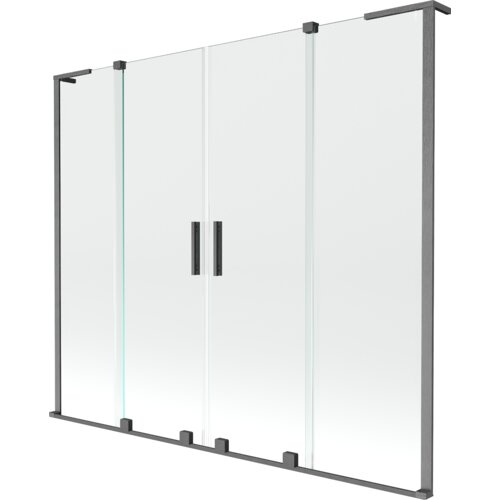 Na zdjęciu znajduje się przezroczysty, dwuskrzydłowy parawan nawannowy o wymiarach 170 x 150 cm, z ciemnoszarymi, szczotkowanymi ramami i uchwytami. Produkt ma prosty, nowoczesny design z czterema panelami szklanymi.