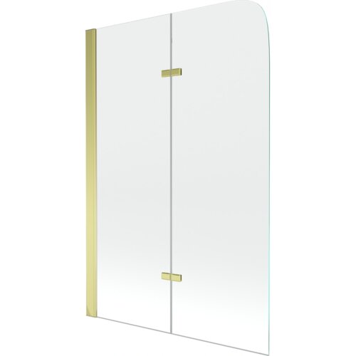 Dwuskrzydłowy parawan nawannowy o wymiarach 100 x 140 cm, wykonany z przezroczystego szkła, z elementami w złotym kolorze. Produkt ma prosty, nowoczesny design z zaokrąglonymi krawędziami.