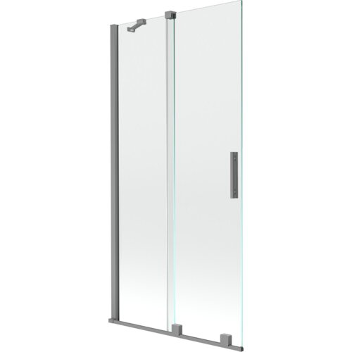 Przesłane zdjęcie przedstawia dwuskrzydłowy, rozsuwany parawan nawannowy o wymiarach 90 x 150 cm, wykonany z przezroczystego szkła i wykończony w kolorze gun metal. Produkt ma prostą, nowoczesną konstrukcję z metalowymi elementami mocującymi i uchwytem.