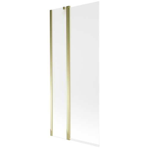 Dwuskrzydłowy parawan nawannowy o wymiarach 80 x 150 cm, wykonany z przezroczystego szkła z efektem szronu, z elementami w kolorze złotym. Produkt ma prostą, nowoczesną konstrukcję z widocznymi złotymi profilami.