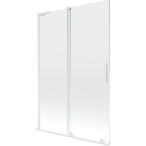 Dwuskrzydłowy, rozsuwany parawan nawannowy o wymiarach 120 x 150 cm, wykonany z przezroczystego szkła z białymi elementami konstrukcyjnymi. Produkt ma prosty, nowoczesny design z pionowym uchwytem na jednym ze skrzydeł.
