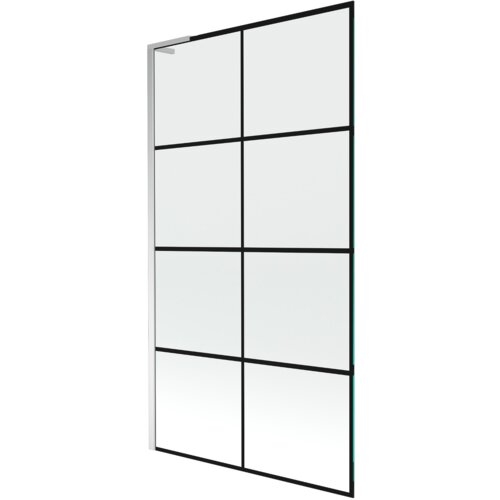 Jednoskrzydłowy parawan nawannowy o wymiarach 100 x 150 cm z czarną kratką i chromowanymi elementami. Produkt "Mexen Next L" ma prostokątny kształt z podziałem na osiem równych sekcji.