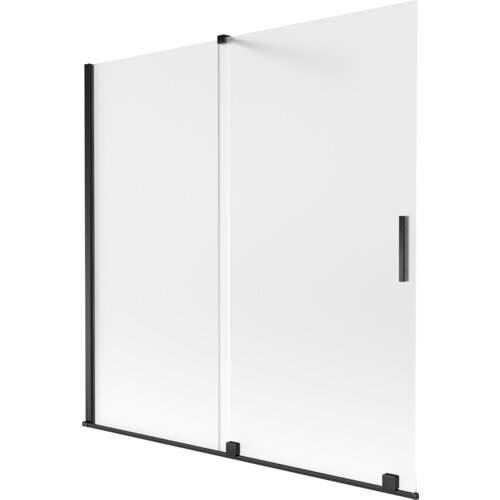 Dwuskrzydłowy, rozsuwany parawan nawannowy o wymiarach 160 x 150 cm, wykonany z matowego szkła z czarnymi elementami konstrukcyjnymi. Produkt posiada prostokątny uchwyt na jednym ze skrzydeł.