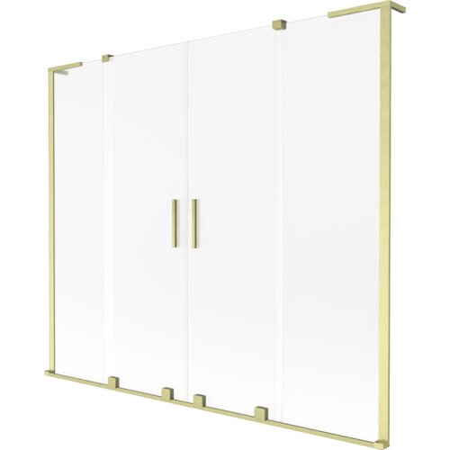 Dwuskrzydłowy parawan nawannowy o wymiarach 200 x 150 cm, wykonany z matowego szkła, z elementami w kolorze złotym szczotkowanym. Produkt posiada prostokątne uchwyty i złote ramy.
