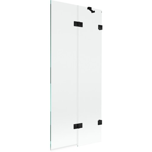 Dwuskrzydłowy, przezroczysty parawan nawannowy z czarnymi zawiasami i uchwytami, wykonany z prostokątnych paneli szklanych. Produkt ma minimalistyczny design i jest przeznaczony do montażu na wannie.