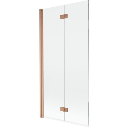 Przezroczysty, dwuskrzydłowy parawan nawannowy z miedzianymi, szczotkowanymi elementami mocującymi. Produkt ma prosty, nowoczesny design i jest wykonany z przezroczystego szkła.