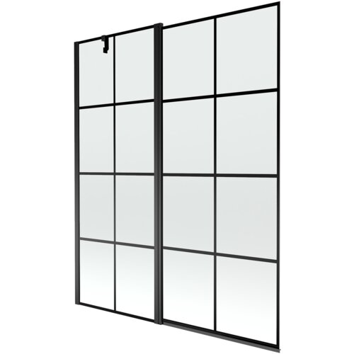 Dwuskrzydłowy parawan nawannowy z czarną kratką, wykonany ze szkła, o wymiarach 140 x 150 cm. Produkt ma prostokątny kształt i czarne ramy.