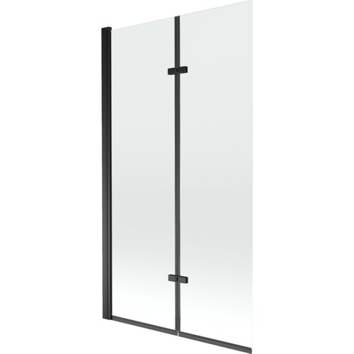 Dwuskrzydłowy, transparentny parawan nawannowy z czarnymi elementami konstrukcyjnymi, wykonany ze szkła, o wymiarach 100 x 150 cm. Produkt ma prosty, nowoczesny design z widocznymi zawiasami i ramą.