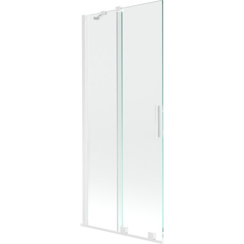Na zdjęciu znajduje się dwuskrzydłowy, rozsuwany parawan nawannowy o wymiarach 80 x 150 cm, w kolorze transparentnym z białymi elementami. Produkt ma prostą, nowoczesną konstrukcję z uchwytem na jednym ze skrzydeł.