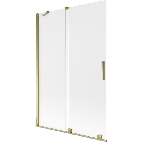 Dwuskrzydłowy, rozsuwany parawan nawannowy o wymiarach 120 x 150 cm, wykonany z matowego szkła z złotymi elementami montażowymi i uchwytami. Produkt "Mexen Velar" ma elegancki, nowoczesny design.