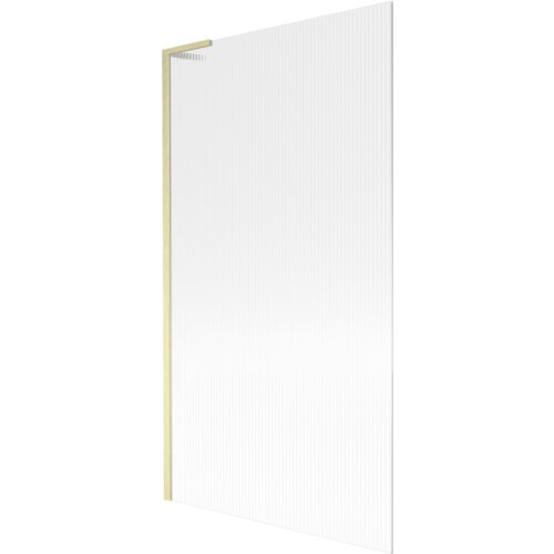Na zdjęciu znajduje się parawan nawannowy o wymiarach 100 x 150 cm z prążkowaną powierzchnią i złotym szczotkowanym wykończeniem. Produkt to "Mexen Next L parawan nawannowy 1-skrzydłowy 100 x 150 cm, prążki, złoty szczotkowany - 895-100-000-03-09-55".