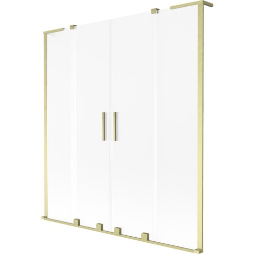 Dwuskrzydłowy parawan nawannowy o wymiarach 150 x 150 cm, wykonany z przezroczystego szkła z matowym wykończeniem, posiada złote, szczotkowane ramy i uchwyty. Produkt ma prosty, nowoczesny design z widocznymi elementami montażowymi na dole.