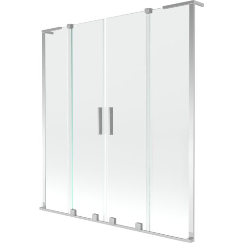 Przesuwany parawan nawannowy z przezroczystego szkła, składający się z dwóch skrzydeł, z chromowanymi elementami i uchwytami. Produkt ma wymiary 140 x 150 cm.