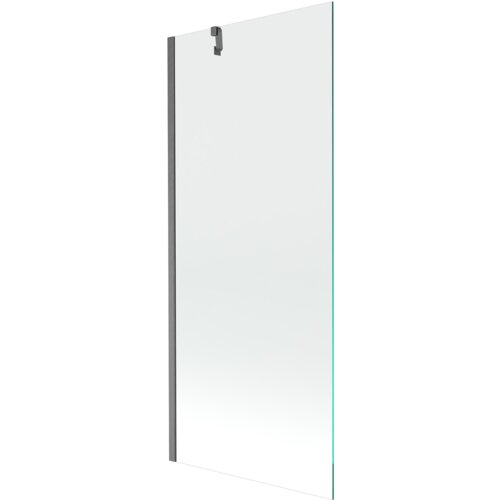 Przezroczysty parawan nawannowy o wymiarach 80 x 150 cm z jednym skrzydłem, w kolorze gun gray szczotkowanym, z widocznym metalowym uchwytem na górze. Produkt ma prosty, nowoczesny design z gładką powierzchnią szkła.