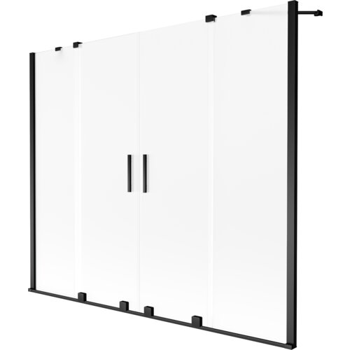 Na zdjęciu widoczny jest dwuskrzydłowy, rozsuwany parawan nawannowy o wymiarach 180 x 150 cm, wykonany z matowego szkła z czarnymi elementami konstrukcyjnymi. Parawan posiada dwa pionowe uchwyty umieszczone na środku.