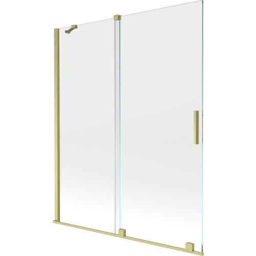Dwuskrzydłowy, rozsuwany parawan nawannowy o wymiarach 140 x 150 cm, wykonany z transparentnego szkła z elementami w kolorze złotym szczotkowanym. Produkt ma prostokątny kształt z metalowymi uchwytami i mocowaniami.