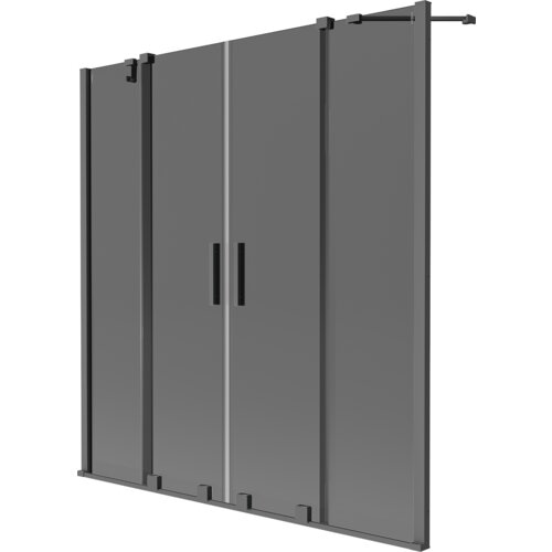 Dwuskrzydłowy, rozsuwany parawan nawannowy w kolorze grafitowym z wykończeniem gun metal, o wymiarach 150 x 150 cm, z widocznymi czarnymi uchwytami. Produkt ma prostą, nowoczesną konstrukcję z pionowymi panelami.