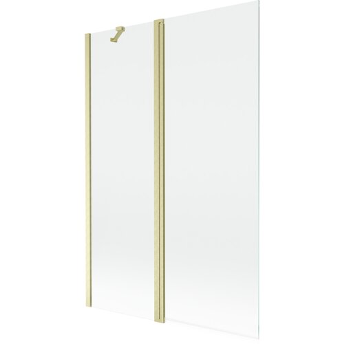 Dwuskrzydłowy parawan nawannowy o wymiarach 120 x 150 cm, wykonany z transparentnego szkła z elementami w kolorze złotym szczotkowanym. Produkt ma prostą konstrukcję z widocznymi złotymi zawiasami i uchwytami.