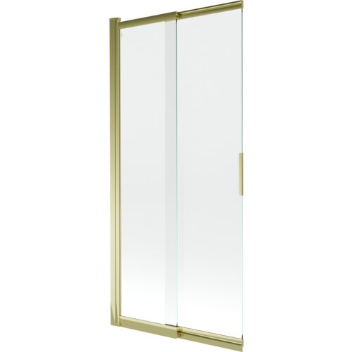 Dwuskrzydłowy, przesuwny parawan nawannowy o wymiarach 85 x 150 cm, wykonany z transparentnego szkła z złotymi elementami konstrukcyjnymi. Produkt ma prosty, nowoczesny design z pionowym uchwytem na jednym ze skrzydeł.