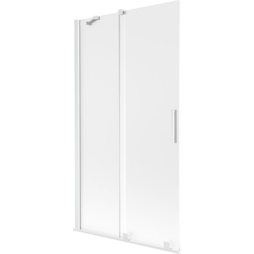 Dwuskrzydłowy, rozsuwany parawan nawannowy o wymiarach 100 x 150 cm, wykonany z białego, szronionego szkła, z prostokątnym uchwytem na jednym ze skrzydeł. Produkt ma minimalistyczny design z gładką powierzchnią i subtelnymi elementami montażowymi.