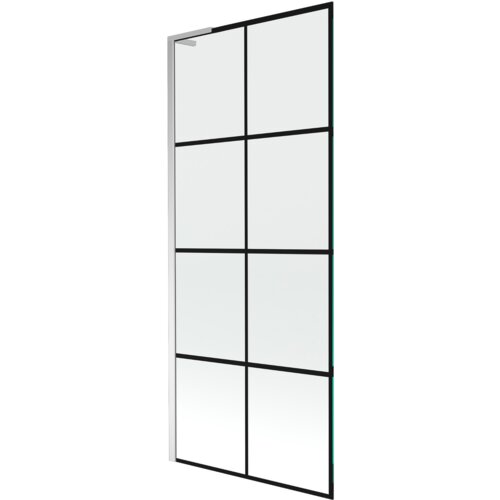 Jednoskrzydłowy parawan nawannowy z czarną kratką i chromowanymi elementami, o wymiarach 80 x 150 cm. Produkt ma prostokątny kształt i przezroczystą powierzchnię podzieloną na osiem równych sekcji.
