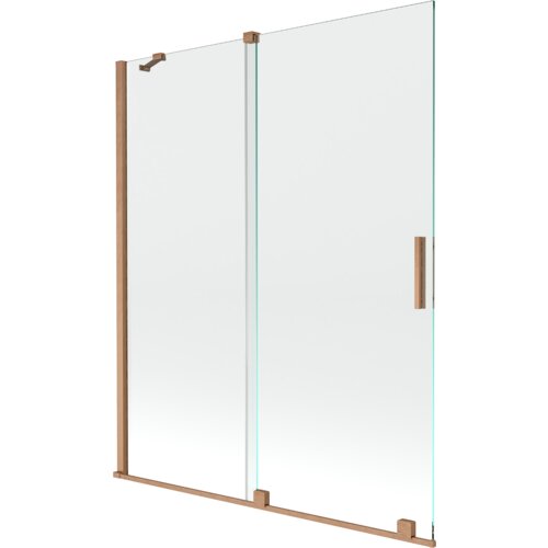 Dwuskrzydłowy, rozsuwany parawan nawannowy o wymiarach 140 x 150 cm, wykonany z przezroczystego szkła z elementami w kolorze szczotkowanej miedzi. Produkt ma prosty, nowoczesny design z pionowym uchwytem i metalowymi mocowaniami.