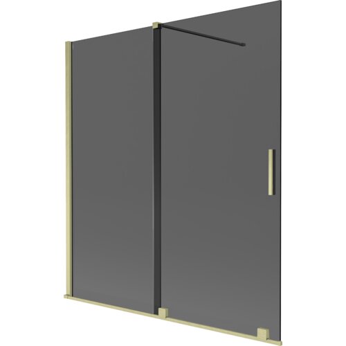Dwuskrzydłowy parawan nawannowy o wymiarach 150 x 150 cm, wykonany z grafitowego szkła z elementami w kolorze złotym szczotkowanym. Produkt ma prostokątny kształt z pionowym uchwytem i metalowymi elementami konstrukcyjnymi.