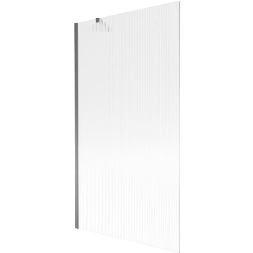 Przesłane zdjęcie przedstawia jednoskrzydłowy parawan nawannowy o wymiarach 100 x 150 cm z prążkowaną powierzchnią i wykończeniem w kolorze gun metal. Produkt ma prostokątny kształt i jest zamocowany na metalowym profilu.